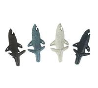 Set of 4 Cast Iron Shark Tail Wall Hooks - Nautical Beach-Themed Bathroom Towel and Coat Hanging Decor - Functional and Colorful Stylish Coastal Charm