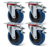 Set of 4 Castors 4x Transport Rollers 125mm w/Plastic Wheel, Brake, Mounting Plate, max 200kg/Roller