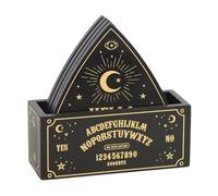 Set of 4 Celestial Planchette Shaped Coasters with Black & Gold Design and Matching Holder - Unique Talking Board Style for Modern Home Decor - Easy to Clean and Store