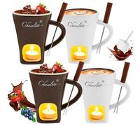 Set of 4 Ceramic Chocolate Fondue Mug with Fork Melting Pot | Cheese Warmer Melter Cups for Christmas Hot Sweet Butter Fondue Sets White Black