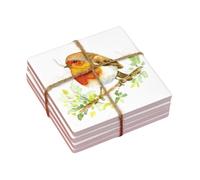Set Of 4 Ceramic Christmas Robins Coasters 10x10cm Square Xmas Bird Cork Back Drink Mats