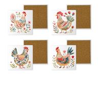 Set of 4 Ceramic Coasters - Nordic-Inspired Design with Brightly Coloured Chickens & Floral Accents - 10x10cm Hand-Printed Drink Coasters