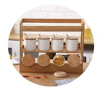 Set of 4 Ceramic Condiment Pots Jars Sugar Bowls Salt Boxes with Spoons Bamboo Flip Lids Labels & Wooden Tray, Large Seasoning Containers Spice Jars White Modern Housewarming Gift , 3360053031