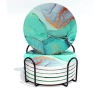 Set of 4 Ceramic Drink Coasters Green Marble Pattern - Absorbent Cork Base - Heat Resistant - Non-Slip Grip Base - Housewarming Gift (Set of 6 with Holder)