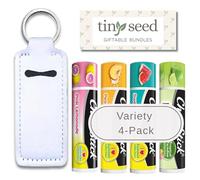 Set of 4 Chapsticks: Key Lime, Pink Lemonade, Peaches & Cream, Sweet Watermelon. Limited Edition by Chapstick I Love Summer & Tropical Paradise Collection. Includes Lip Balm Holder Keychain (White)