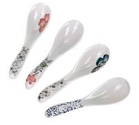 Set of 4 Chinese/Japanese Ceramic Soup Spoons, Classy Light Green Hand Painted Flower Pattern Ceramic Spoon Suitable for Soup