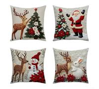 Set Of 4 Christmas Cushion Covers Linen Pillowcases With Santa, Reindeer, Snowman And Tree Designs, Decorative Throw Pillow Covers For Holiday Season Living Room Or Bedroom Décor 18X18 Inch
