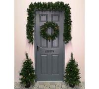 Set of 4 Christmas Light up Door Set Decoration Kit - 90cm Trees / Garland & 60cm Wreath - Pre Lit with Warm White Led Green