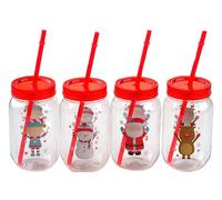 Set of 4 Christmas Plastic Drinking Jars with Lid and Reusable Straw - Green/Red