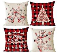Set of 4 Christmas Sofa Cushions 45 x 45 cm, Decorative Cushion Covers with Snowflake, Reindeer, Tree, Cover Christmas Decorations for Home, Merry Christmas