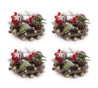 Set Of 4 Christmas Tealight Candle Holder | Christmas Candle Berry & Pinecone Table Centrepiece Decorations | Christmas Wreath Tea Light Holder Centrepiece For Dining Table