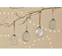 Set of 4 Clear Glass Baubles, Round Circular Ribbed Flat Baubles Gatsby Christmas Tree Decorations, Recycled Glass Christmas Baubles, Fairtrade Eco Xmas Decor, Sundara by Nkuku