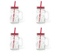 Carousel Home Set of 4 Clear Glass Santa Shaped Drinking Jar with Lid and Straw | Novelty Christmas Drinking Glass 400ml