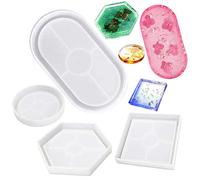 Set of 4 Coaster Silicone Molds for Resin Casting, DIY Crafts Tray Moulds for Jewelry Box Cup Mug Bowl Mat, Epoxy Resin, Concrete, Cement, Clay - Oval, Square, Round, Hexagon