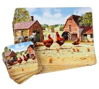 Set Of 4 Cockerel Hen Dinner Place Mats And Coasters