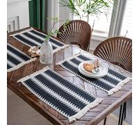 Set of 4 Cotton Linen Blend Table Placemats with Tassel Boho Macrame Christmas Thanksgiving Rustic Farmhouse Table Mats for Housewarming Gift Wedding Birthday Dinner Décor (Black White)