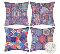 Set of 4 Cotton Linen Cushion Covers Waterproof 45x45 cm Boho Square Pillowcases Bohemian Mandala Floral Pattern Throw Pillow Cases Outdoor Decorative for Home Office Sofa Bedroom Car Garden,Purple