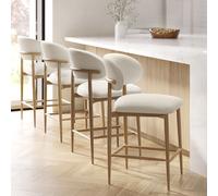 Set of 4 Cream Upholstered Curved Kitchen Stools with Limewash Solid Oak Exposed Back - Kori - Available as individual, set of 2 and 3