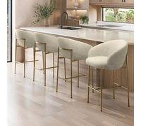 Set of 4 Cream Upholstered Kitchen Stools with Brass Legs and Back - Cora
