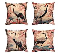 Set of 4 Cushion Covers 14 x 14 in Linen Waterproof Square Decorative Crane Cherry Blossoms Throw Pillow Covers 35 x 35 cm for Living Room Garden Outdoor Courtyard Bedroom Decor Pillowcases A-q661