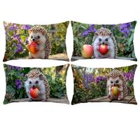 Set of 4 Cushion Covers 14 x 28 in, Decorative Pillow Covers for Bed, Throw Pillow Cases for Bedroom, Animal Hedgehog Cushions, Linen Cushions for Sofa, Pillowcase for Outdoor Home Décor 35x70cm D-133