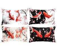 Set of 4 Cushion Covers 14 x 28 in, Decorative Pillow Covers for Bed, Throw Pillow Cases for Bedroom, Sakura Koi Cushions, Linen Cushions for Sofa, Pillowcase for Outdoor Home Décor 35x70cm D-918