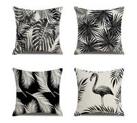 Set of 4 Cushion Covers 26x26in, Waterproof Outdoor Linen Cushion Covers, Black Pillow Cases 65x65cm Leaf Decorative Pillow Covers, Waterproof Sofa Pillowcases for Bedroom Office Car Home Decor HY-452
