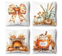 Set of 4 Cushion Covers 30x30cm Velvet Autumn Pumpkin Cushion Covers Modern Square Decorative Throw Pillow Covers with Invisible Zipper Pillowcases for Outdoor Furniture Garden Living Room