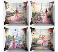 Set of 4 Cushion Covers 30x30cm Velvet Paris Pink Ballet Girl Cushion Covers Modern Square Decorative Throw Pillow Covers with Invisible Zipper Pillowcases for Outdoor Furniture Garden Living Room