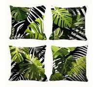 Set of 4 Cushion Covers 40x40cm Velvet Black Green Palm Leaves Cushion Covers Modern Square Decorative Throw Pillow Covers with Invisible Zipper Pillowcases for Outdoor Furniture Garden Living Room