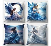 Set of 4 Cushion Covers 40x40cm Velvet Blue Angel Girl Cushion Covers Modern Square Decorative Throw Pillow Covers with Invisible Zipper Pillowcases for Outdoor Furniture Garden Living Room