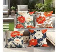 Set of 4 Cushion Covers 40x40cm Velvet Red White Peonies Cushion Covers Modern Square Decorative Throw Pillow Covers with Invisible Zipper Pillowcases for Outdoor Furniture Garden Living Room