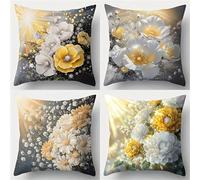 Set of 4 Cushion Covers 40x40cm Velvet White Yellow Flowers Cushion Covers Modern Square Decorative Throw Pillow Covers with Invisible Zipper Pillowcases for Outdoor Furniture Garden Living Room