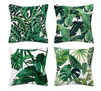 Set of 4 Cushion Covers 45X45cm Tropical Leaves Cushion Covers, Outdoor Waterproof Throw Pillow Covers, Cotton Linen Decorative Pillowcases for Sofa Couch Car Bedroom Home Decor (#03)