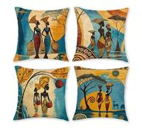 Set of 4 Cushion Covers 50x50cm Velvet Blue Yellow African Woman Cushion Covers Modern Square Decorative Throw Pillow Covers with Invisible Zipper Pillowcases for Outdoor Furniture Garden Living Room