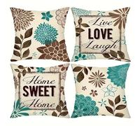 Set of 4 Cushion Covers 50x50cm Velvet Brown Blue Flowers Cushion Covers Modern Square Decorative Throw Pillow Covers with Invisible Zipper Pillowcases for Outdoor Furniture Garden Living Room