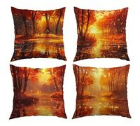 Set of 4 Cushion Covers 50x50cm Velvet Orange Grove Lake Sunset Cushion Covers Modern Square Decorative Throw Pillow Covers with Invisible Zipper Pillowcases for Outdoor Furniture Garden Living Room