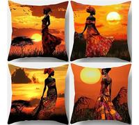 Set of 4 Cushion Covers 50x50cm Velvet Sunset African Woman Cushion Covers Modern Square Decorative Throw Pillow Covers with Invisible Zipper Pillowcases for Outdoor Furniture Garden Living Room