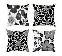Set of 4 Cushion Covers 60x60cm Velvet Black Flower Leaves Cushion Covers Modern Square Decorative Throw Pillow Covers with Invisible Zipper Pillowcases for Outdoor Furniture Garden Living Room
