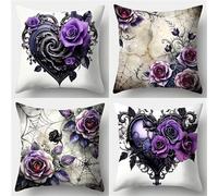 Set of 4 Cushion Covers 60x60cm Velvet Black Purple Flowers Cushion Covers Modern Square Decorative Throw Pillow Covers with Invisible Zipper Pillowcases for Outdoor Furniture Garden Living Room