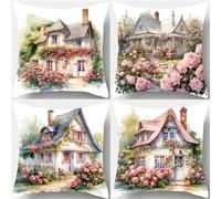 Set of 4 Cushion Covers 60x60cm Velvet Cottage Rose Flowers Cushion Covers Modern Square Decorative Throw Pillow Covers with Invisible Zipper Pillowcases for Outdoor Furniture Garden Living Room