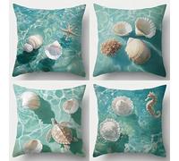 Set of 4 Cushion Covers 60x60cm Velvet Green Sea Shell Turtle Cushion Covers Modern Square Decorative Throw Pillow Covers with Invisible Zipper Pillowcases for Outdoor Furniture Garden Living Room
