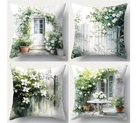 Set of 4 Cushion Covers 60x60cm Velvet House Green Landscape Flowers Cushion Covers Modern Square Decorative Throw Pillow Covers with Invisible Zipper Pillowcases for Outdoor Garden Living Room