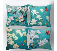 Set of 4 Cushion Covers 60x60cm Velvet White Magnolia Birds Cushion Covers Modern Square Decorative Throw Pillow Covers with Invisible Zipper Pillowcases for Outdoor Furniture Garden Living Room