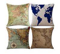 Set of 4 Cushion Covers 65x65cm Map Decorative Pillow Cases Linen Square Cushion Covers with Invisible Zipper for Sofa Bedroom living Room Garden Double Sided Pillow Covers