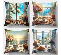 Set of 4 Cushion Covers 70x70cm Velvet Breakfast Time Cushion Covers Modern Square Decorative Throw Pillow Covers with Invisible Zipper Pillowcases for Outdoor Furniture Garden Living Room