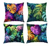 Set of 4 Cushion Covers 70x70cm Velvet Tropical Colored Leaves Cushion Covers Modern Square Decorative Throw Pillow Covers with Invisible Zipper Pillowcases for Outdoor Furniture Garden Living Room