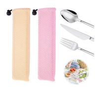 Set of 4 Cutlery Bags for Travel, Cutlery Bags, Camping Cutlery Case with Cord Clip, Cutlery Bag, Portable Washable Cutlery Box for Office, School, Travel, Hiking, Picnic (Pink+Beige)