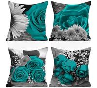 Set of 4 Decorative Cushion Covers 50 x 50 cm Teal Rose Grey Flower Square Pillow Cover 20 x 20 Inch Durable Linen Modern Pillowcases for Sofa Garden Bed Outdoor Cushions