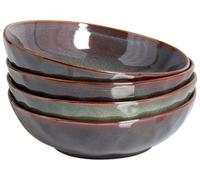 Set of 4 Deep Plates Pasta Bowl Stoneware Kaolin Handmade Reactive Glaze Finish Dark Green Thyme